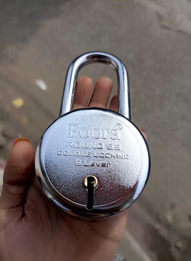 Foora Round 65 Long Shakle Lock with Long Shackle - Metal Body, Double Locking, 8 Steel Levers, 5 Silver Keys with Keychain, Silver Finish, Ideal for Door, Gate, Home and Shutters (Original Image) - Image 2